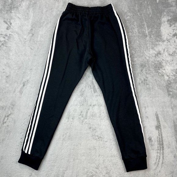 ADIDAS Performance Athletic Black Track Pants Joggers Tapered Legs White Stripes - Picture 2 of 9